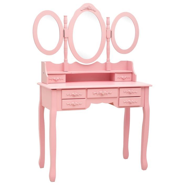 Coiffeuse avec tabouret et miroir pliable en 3 Rose - Photo n°2