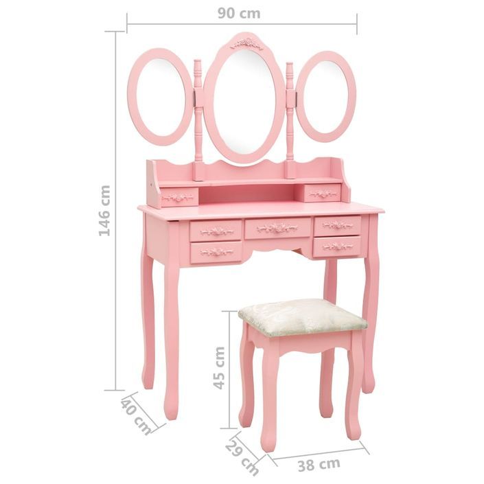 Coiffeuse avec tabouret et miroir pliable en 3 Rose - Photo n°12