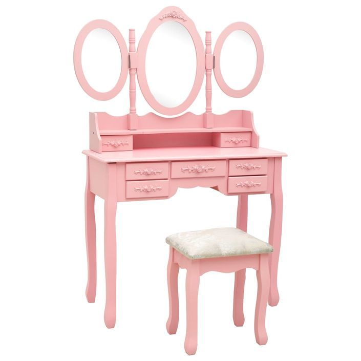 Coiffeuse avec tabouret et miroir pliable en 3 Rose - Photo n°1