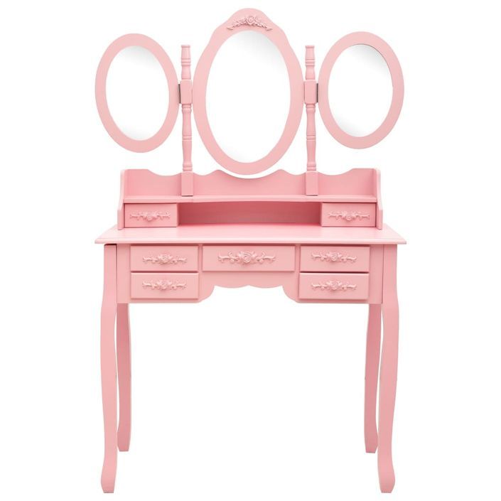 Coiffeuse avec tabouret et miroir pliable en 3 Rose - Photo n°3