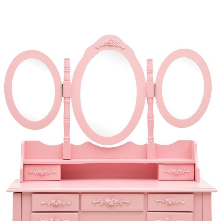 Coiffeuse avec tabouret et miroir pliable en 3 Rose - Photo n°7