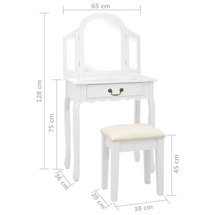 Coiffeuse et tabouret Blanc 65x36x128 cm Bois de paulownia MDF - Photo n°11