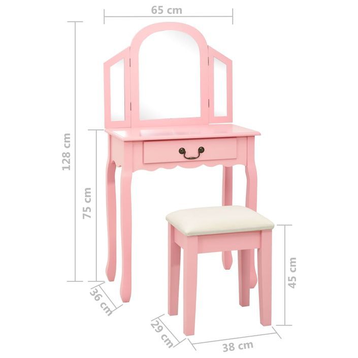 Coiffeuse et tabouret Rose 65x36x128 cm Bois de paulownia MDF 2 - Photo n°11