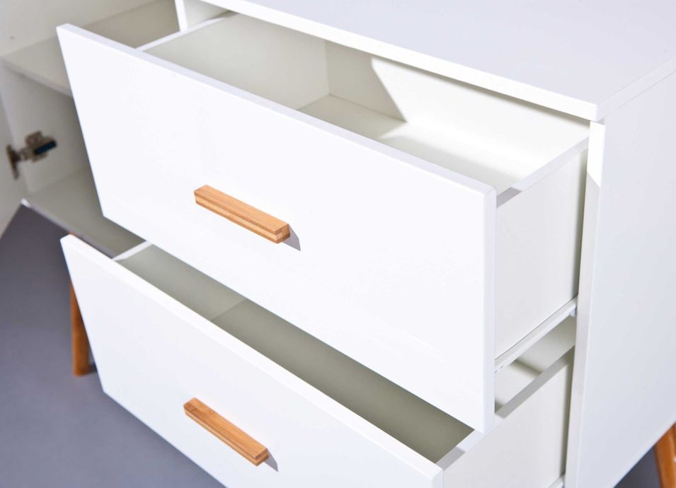 Commode 1 porte 2 tiroirs laqué blanc et pieds bois clair Ania - Photo n°4