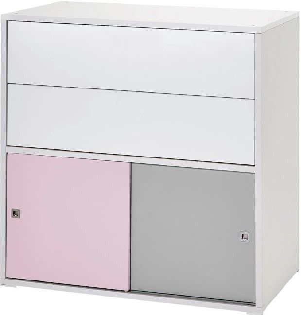 Commode 2 tiroirs 2 portes laqué blanc rose et gris Clic - Photo n°1