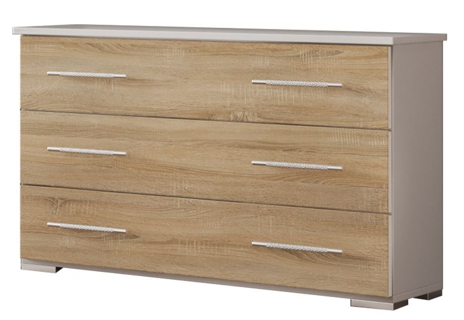 Commode 3 grands tiroirs bois blanc brillant et bois naturel mat Dova 100 cm - Photo n°1