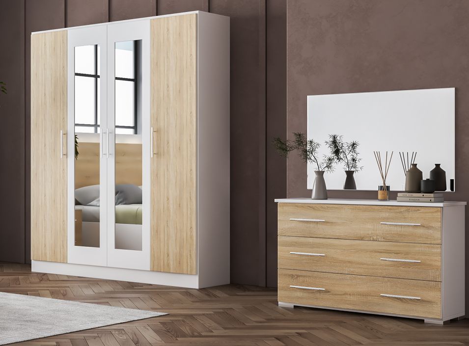Commode 3 grands tiroirs bois blanc brillant et bois naturel mat Dova 100 cm - Photo n°2