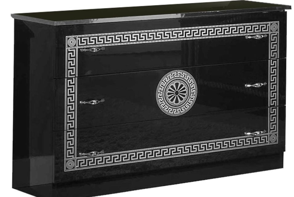 Commode 3 grands tiroirs bois brillant noir et argenté Savana - Photo n°1