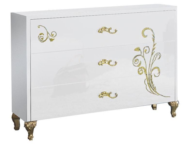 Commode 3 grands tiroirs design bois laqué blanc et doré Jade 118 cm - Photo n°1