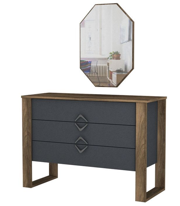 Commode 3 tiroirs avec miroir mural bois foncé et anthracite Luko 110 cm - Photo n°1