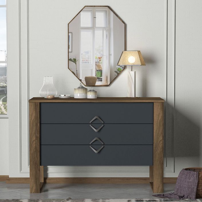 Commode 3 tiroirs avec miroir mural bois foncé et anthracite Luko 110 cm - Photo n°4