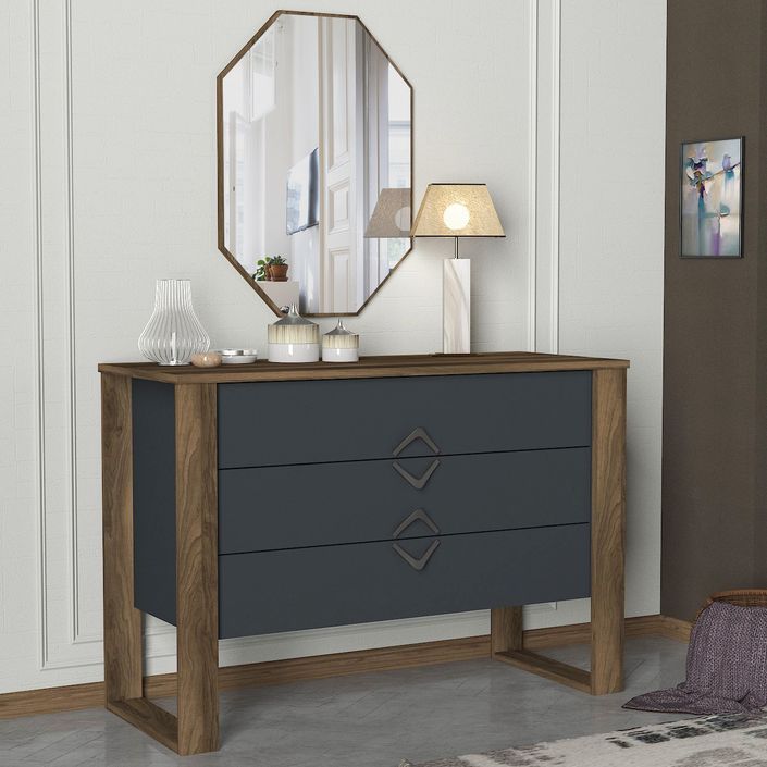 Commode 3 tiroirs avec miroir mural bois foncé et anthracite Luko 110 cm - Photo n°5