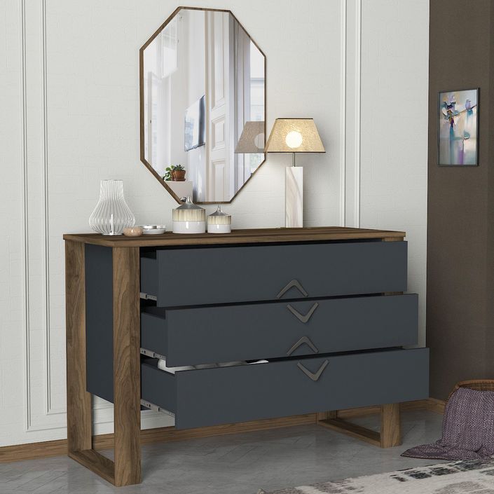 Commode 3 tiroirs avec miroir mural bois foncé et anthracite Luko 110 cm - Photo n°6