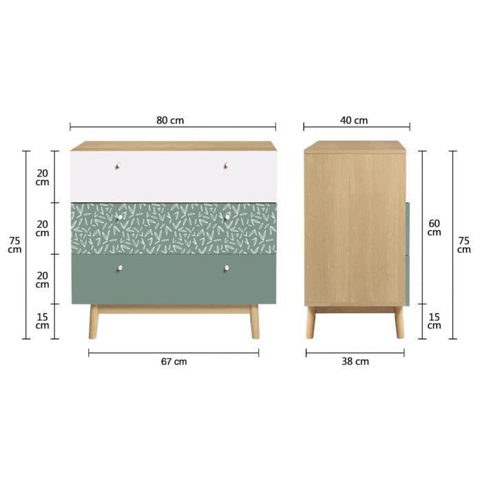 Commode 3 tiroirs - Décor chene et vert - Pieds en bois massif - L 80 x P 40 x H 75 cm - GARDENIA - Photo n°4