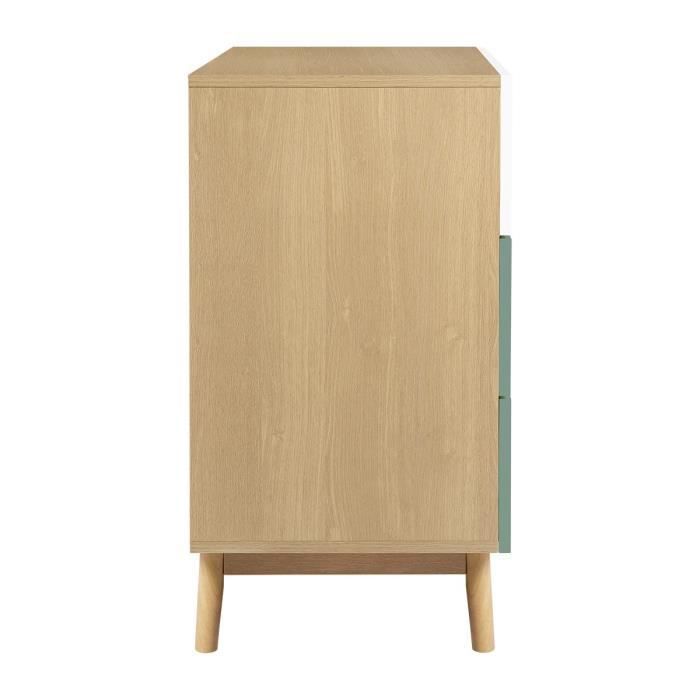 Commode 3 tiroirs - Décor chene et vert - Pieds en bois massif - L 80 x P 40 x H 75 cm - GARDENIA - Photo n°6