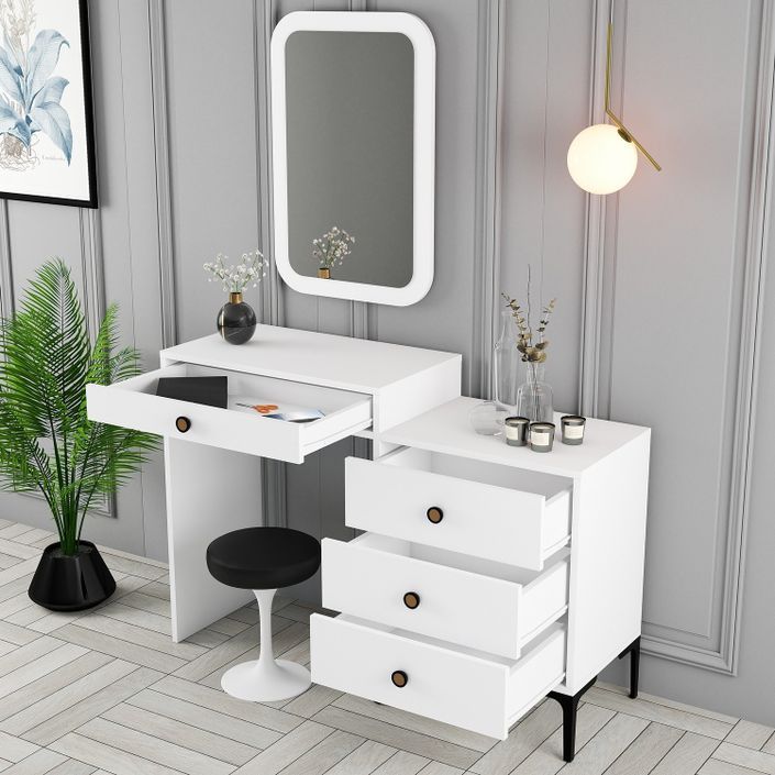 Commode 4 tiroirs avec miroir mural bois blanc Kindo 124 cm - Photo n°2