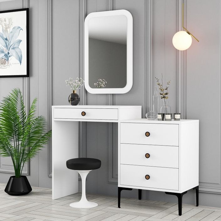 Commode 4 tiroirs avec miroir mural bois blanc Kindo 124 cm - Photo n°4