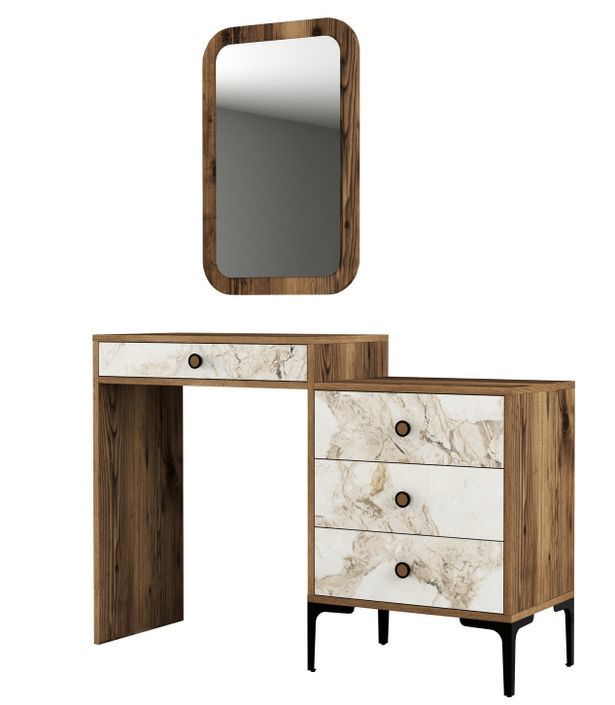 Commode 4 tiroirs avec miroir mural bois foncé et blanc effet marbre Kindo 124 cm - Photo n°1