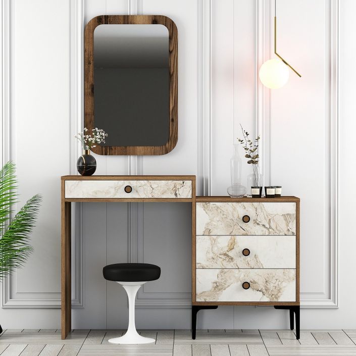 Commode 4 tiroirs avec miroir mural bois foncé et blanc effet marbre Kindo 124 cm - Photo n°2