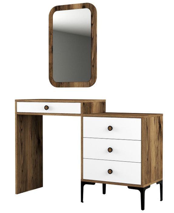 Commode 4 tiroirs avec miroir mural bois foncé et blanc Kindo 124 cm - Photo n°1