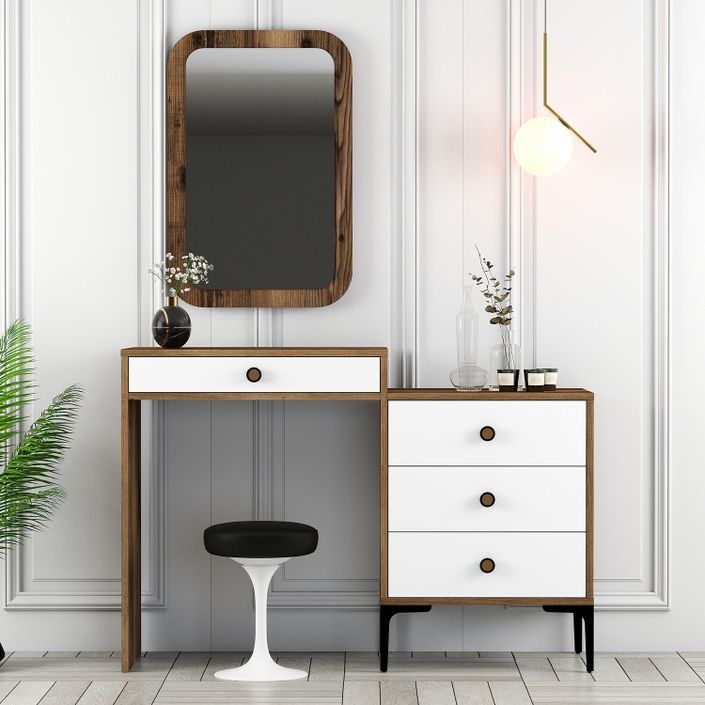 Commode 4 tiroirs avec miroir mural bois foncé et blanc Kindo 124 cm - Photo n°3