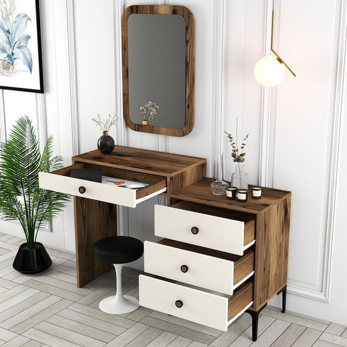 Commode 4 tiroirs avec miroir mural bois foncé et crème Kindo 124 cm - Photo n°2