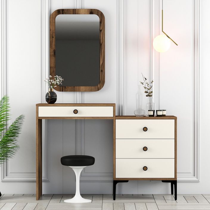 Commode 4 tiroirs avec miroir mural bois foncé et crème Kindo 124 cm - Photo n°3