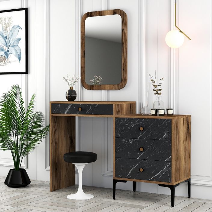 Commode 4 tiroirs avec miroir mural bois foncé et noir effet marbre Kindo 124 cm - Photo n°3