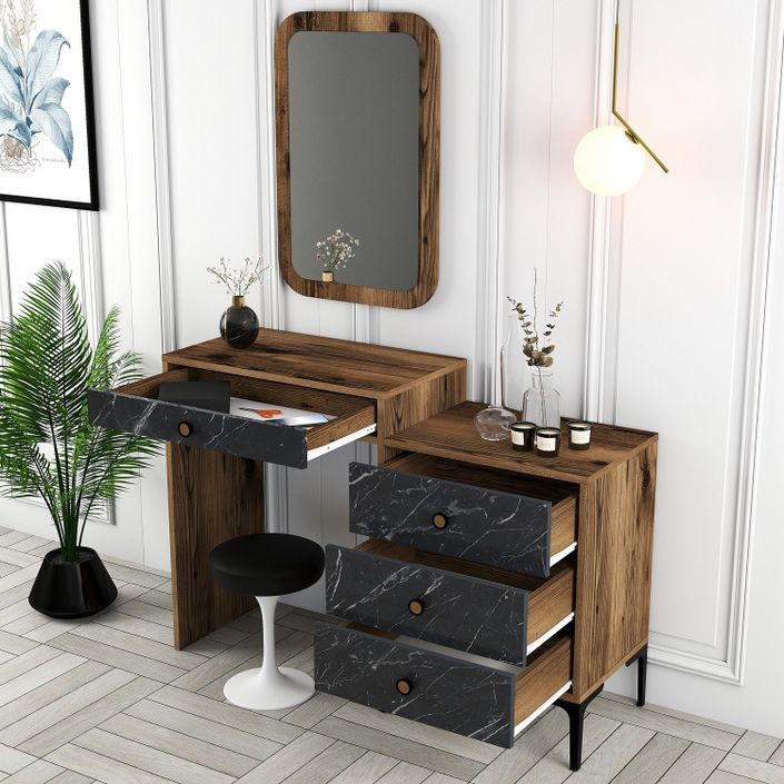 Commode 4 tiroirs avec miroir mural bois foncé et noir effet marbre Kindo 124 cm - Photo n°4