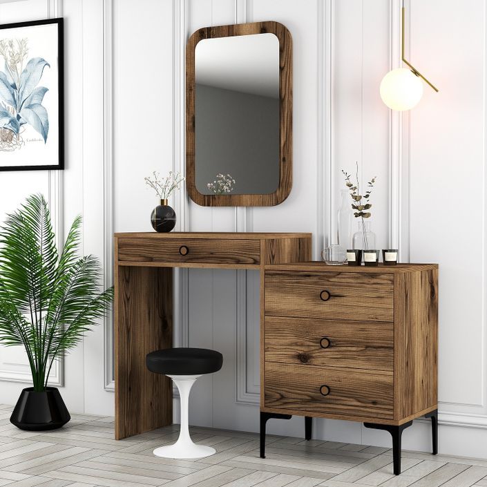 Commode 4 tiroirs avec miroir mural bois foncé Kindo 124 cm - Photo n°4