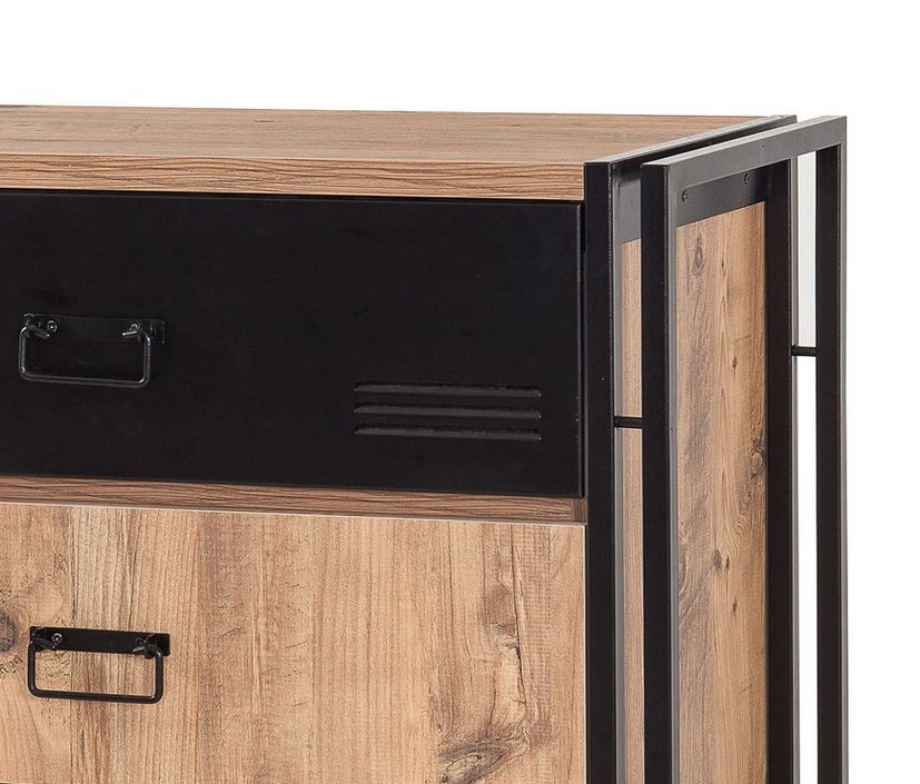 Commode 4 tiroirs style industriel bois chêne clair et métal noir Dukita 90 cm - Photo n°3