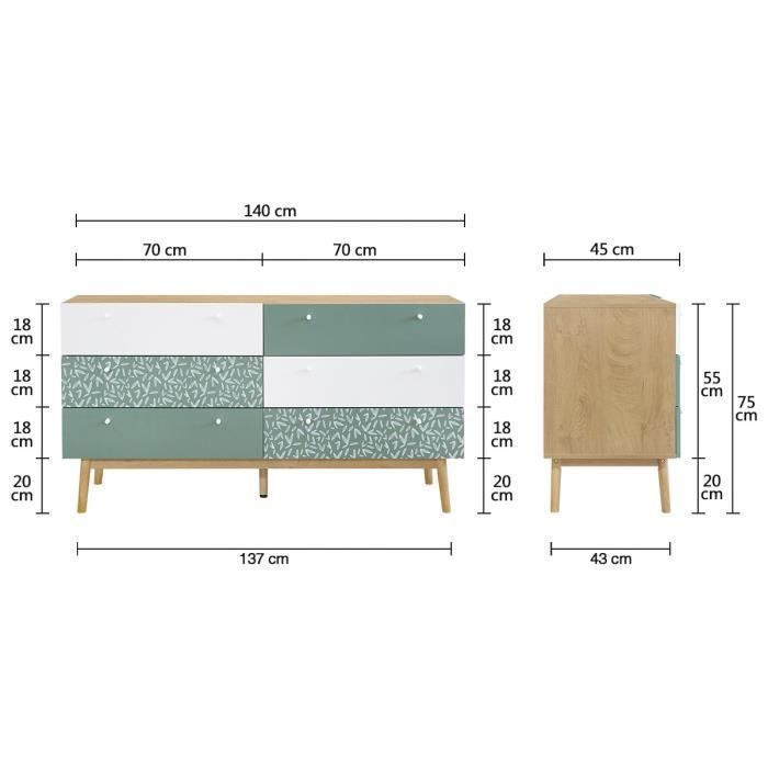Commode 6 tiroirs - Décor chene et vert - Pieds en bois massif - L 140 x P 45 x H 75 cm - GARDENIA - Photo n°4