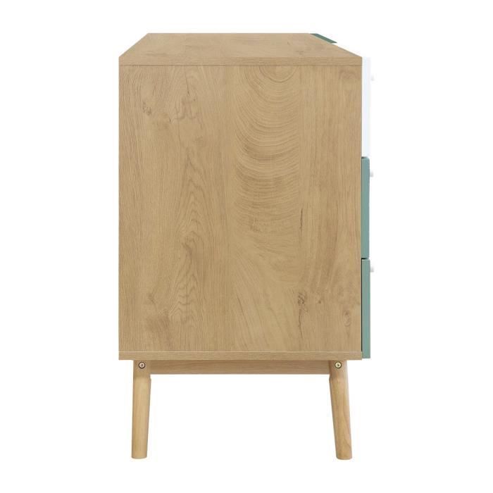 Commode 6 tiroirs - Décor chene et vert - Pieds en bois massif - L 140 x P 45 x H 75 cm - GARDENIA - Photo n°5