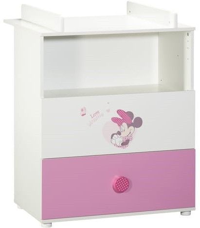 Commode bébé 2 tiroirs avec plan à langer bois laqué blanc et rose Minnie - Photo n°1