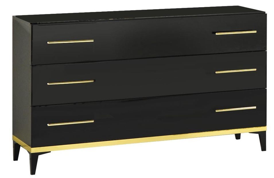Commode design 3 grands tiroirs bois noir laqué et métal doré Diamanto 120 cm - Photo n°1