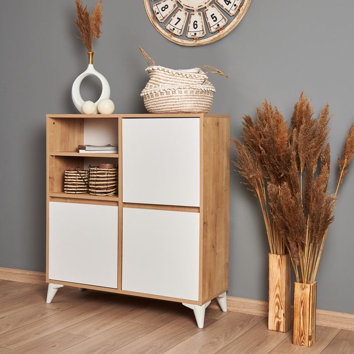 Commode haute 3 portes frêne blanc et bois naturel Valdis 97 cm - Photo n°5