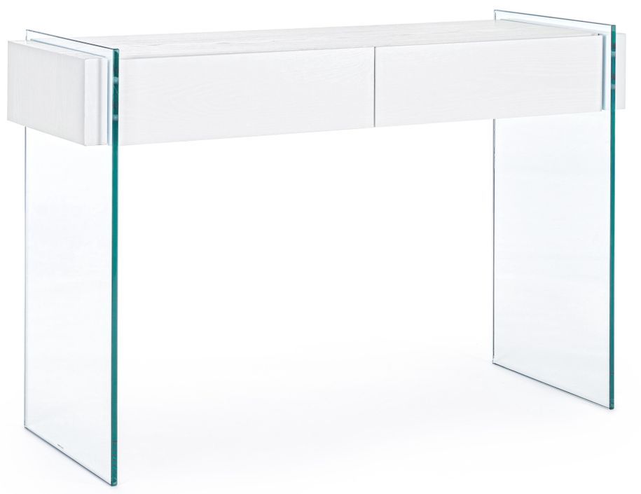 Console 2 tiroirs bois blanc et verre trempé Lina 110 cm - Photo n°1