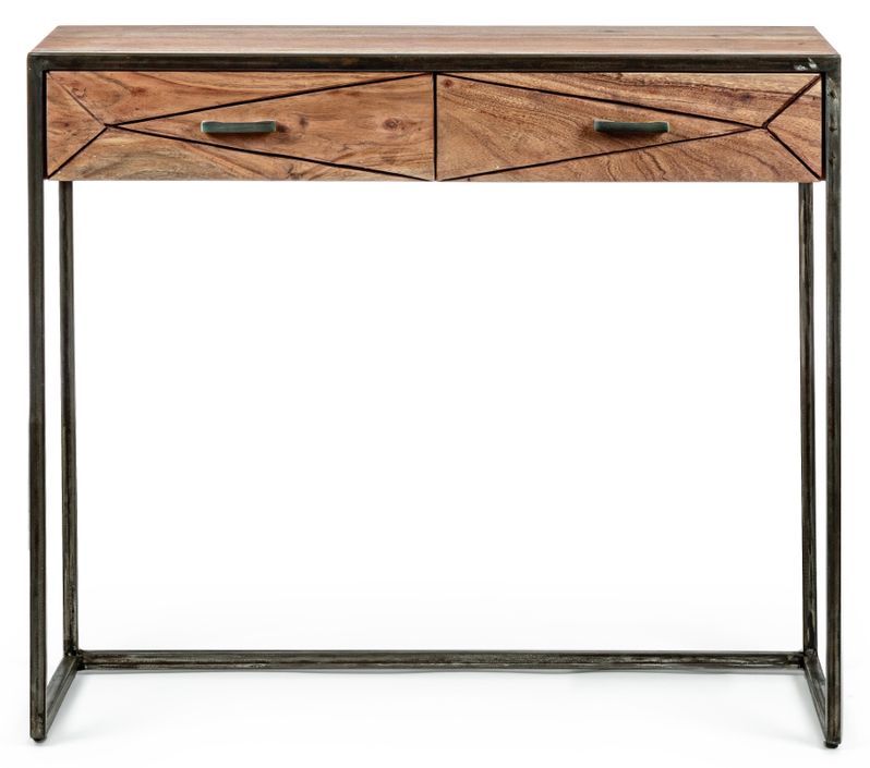 Console 2 tiroirs en bois clair d'acacia vernis mat et acier noir Makune 90 cm - Photo n°1