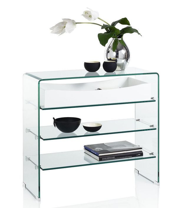 Console 3 étagères 1 tiroir blanc et verre transparent Nygo L 80 cm - Photo n°2