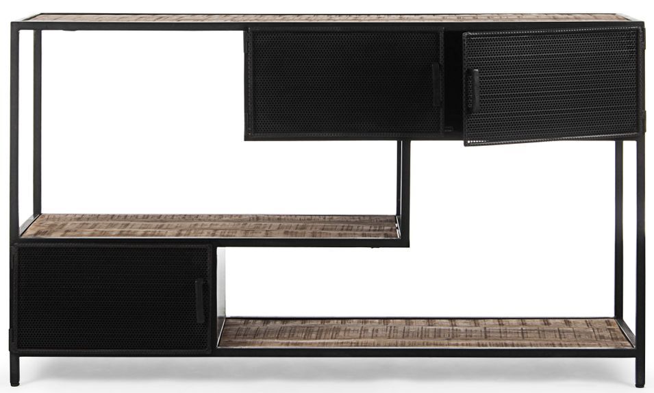 Console 3 portes 3 niveaux acier noir et bois de manguier Rica 140 cm - Photo n°1