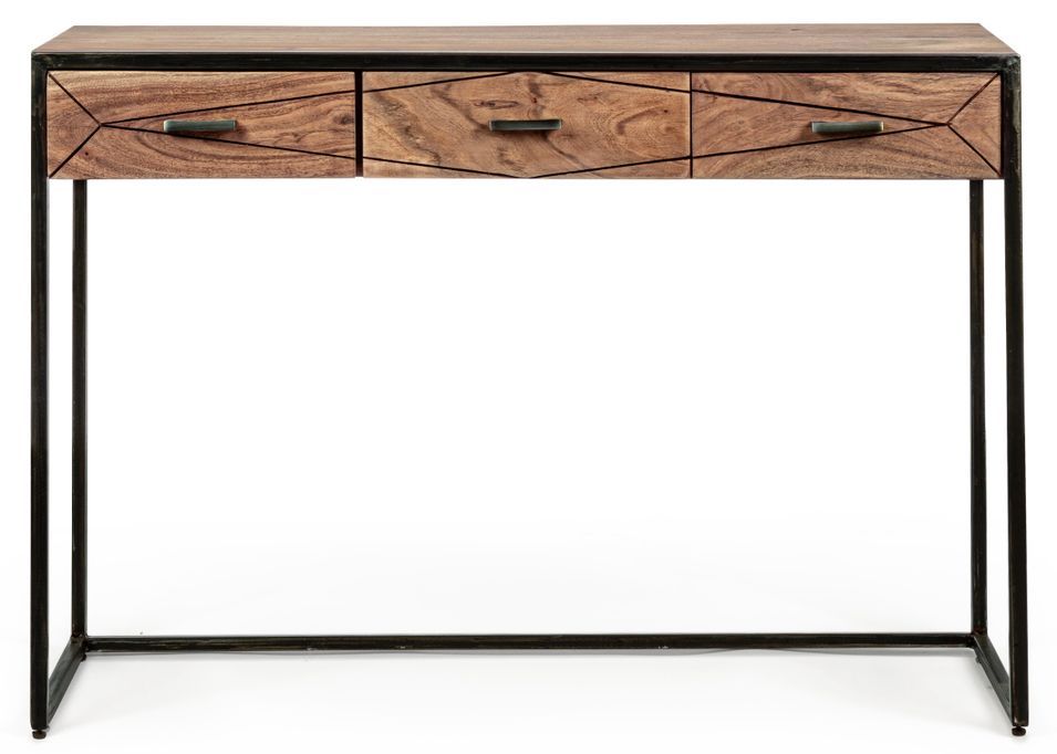 Console 3 tiroirs en bois clair d'acacia vernis mat et acier noir Makune 115 cm - Photo n°1