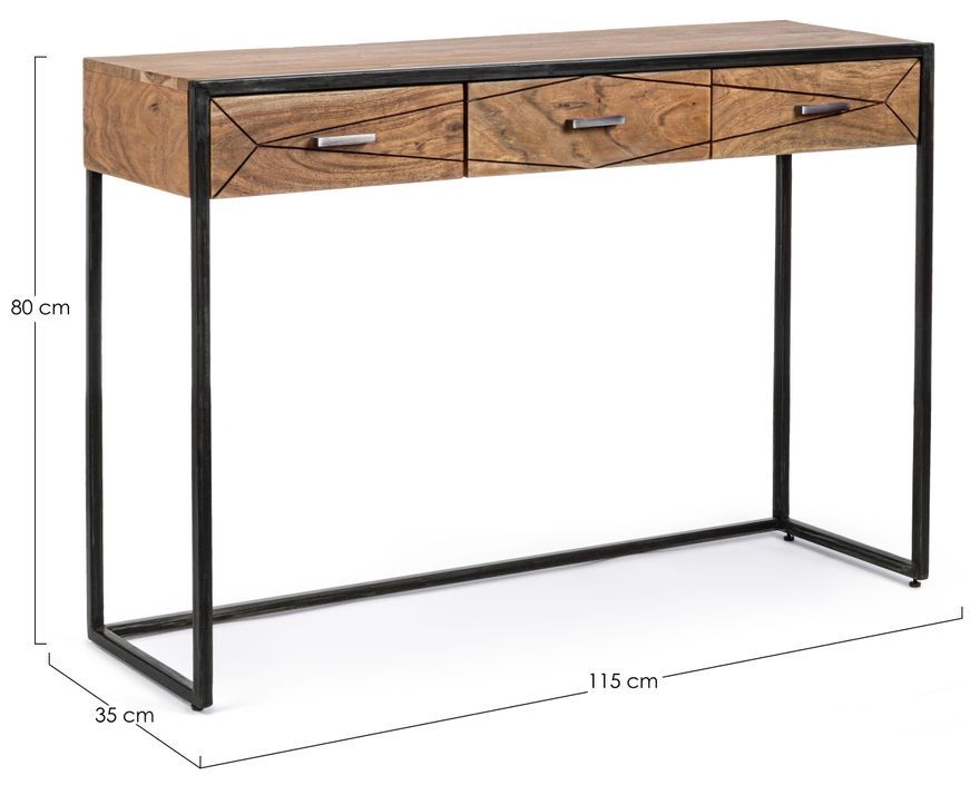 Console 3 tiroirs en bois clair d'acacia vernis mat et acier noir Makune 115 cm - Photo n°4