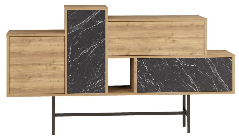 Console bois chêne clair et noir effet marbre 2 tiroirs 2 portes Kermina 160 cm - Photo n°1