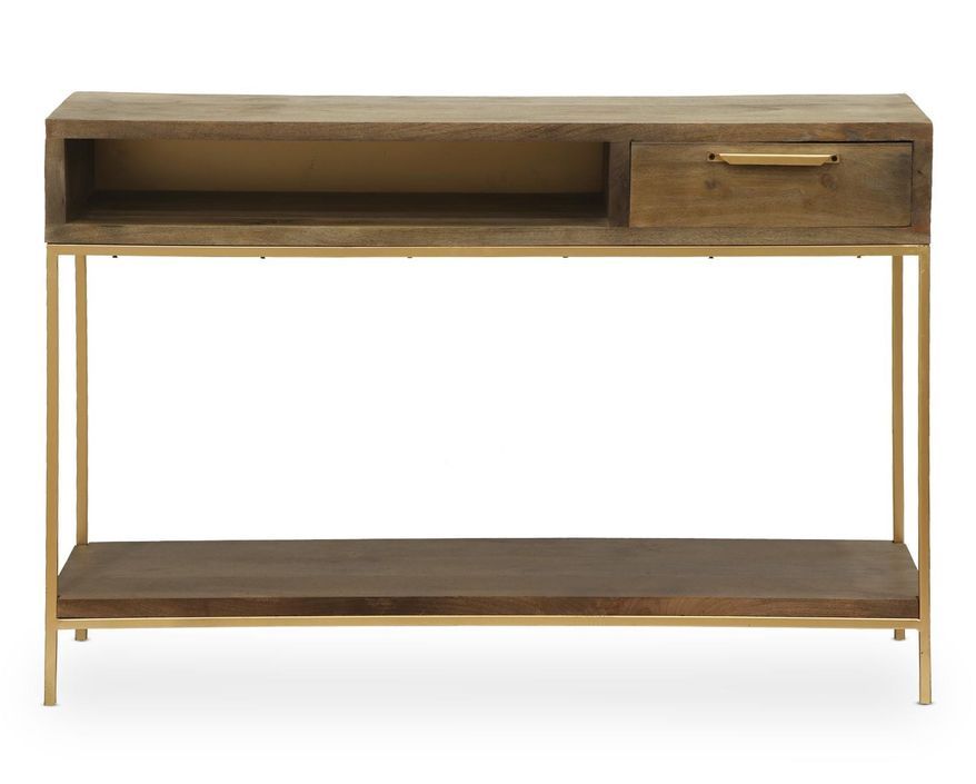 Console bois massif foncé et pieds métal doré Orlène 120 cm - Photo n°1