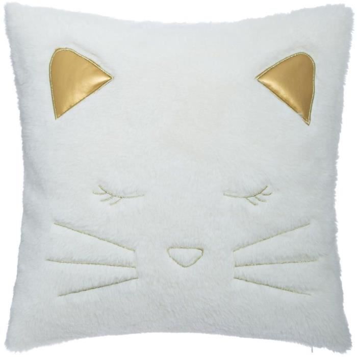 Coussin Fake Fur Chat 100% polyester - Blanc - Photo n°1