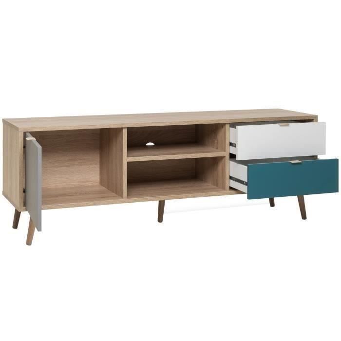 CUBA Meuble TV scandinave décor chene, gris, blanc et bleu pétrole - L 150 cm - Photo n°4