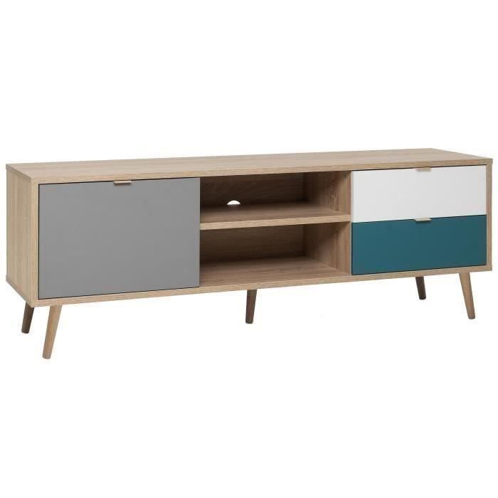 CUBA Meuble TV scandinave décor chene, gris, blanc et bleu pétrole - L 150 cm - Photo n°5