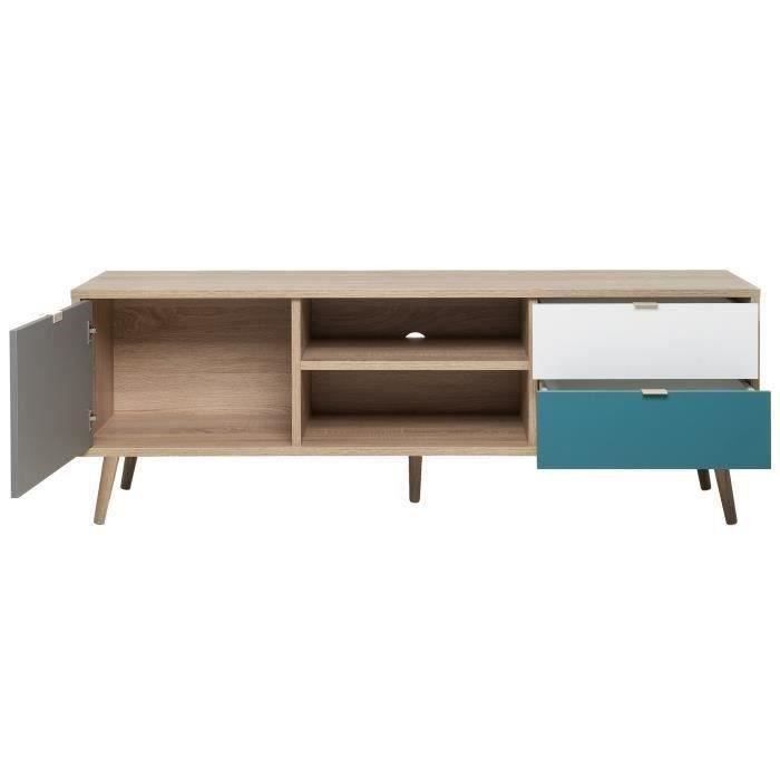 CUBA Meuble TV scandinave décor chene, gris, blanc et bleu pétrole - L 150 cm - Photo n°6