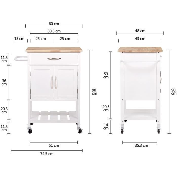 Desserte de cuisine 2 portes 1 tiroir en hévéa - Blanc laqué - L 60 x P 48 x H 90 cm - PEDRO - Photo n°4