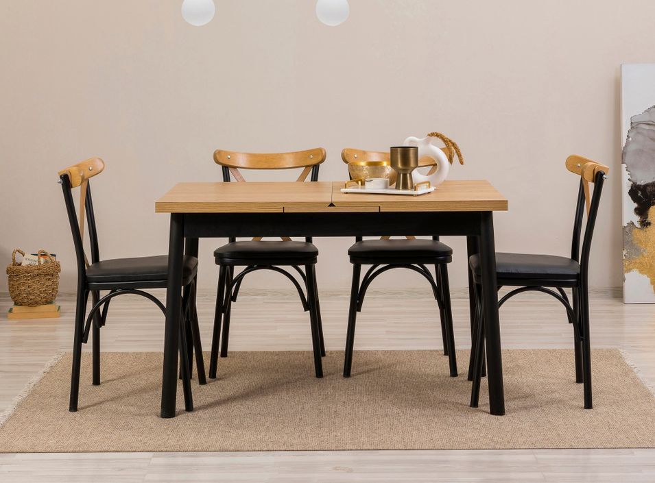Ensemble 1 table extensible 4 chaises et 1 banc naturel et noir Kontante - Photo n°1
